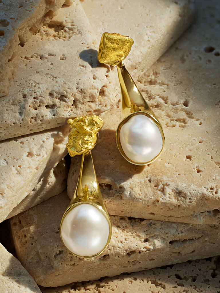 Nuance Pearl and Gold Nugget Earrings